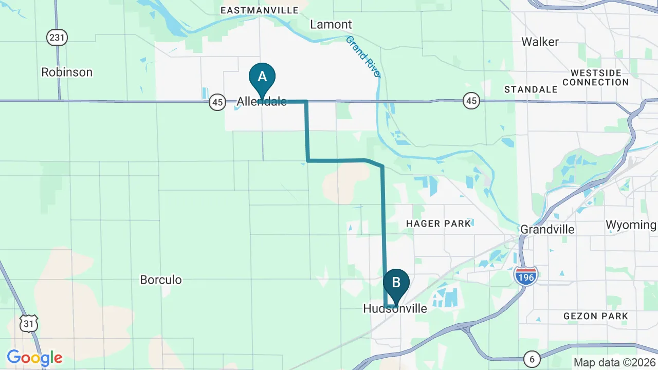Driving directions map from Allendale, MI to Towson Integrative Health in Towson