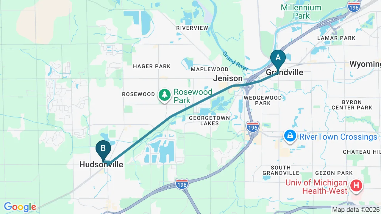 Driving directions map from Grandville, MI to Towson Integrative Health in Towson