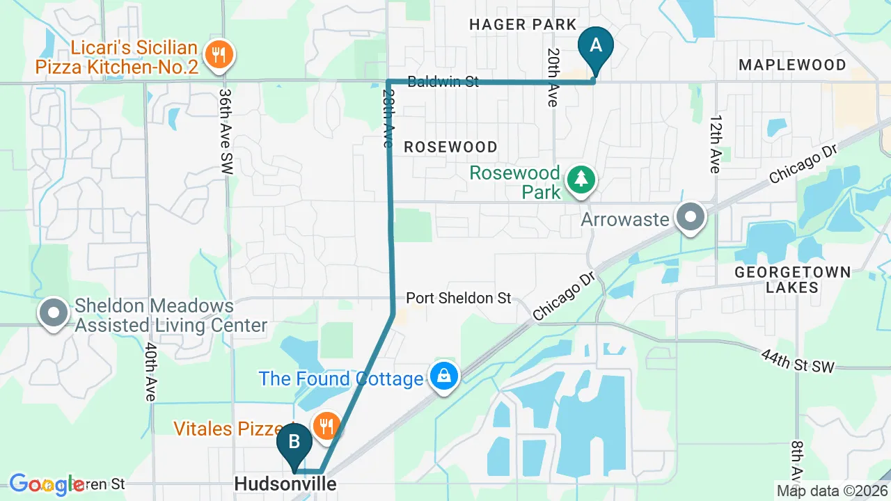Driving directions map from Jenison, MI to Towson Integrative Health in Towson