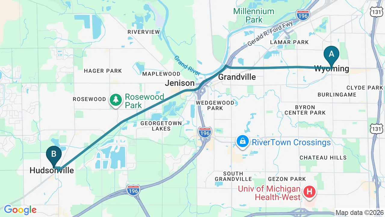 Driving directions map from Wyoming, MI to Towson Integrative Health in Towson