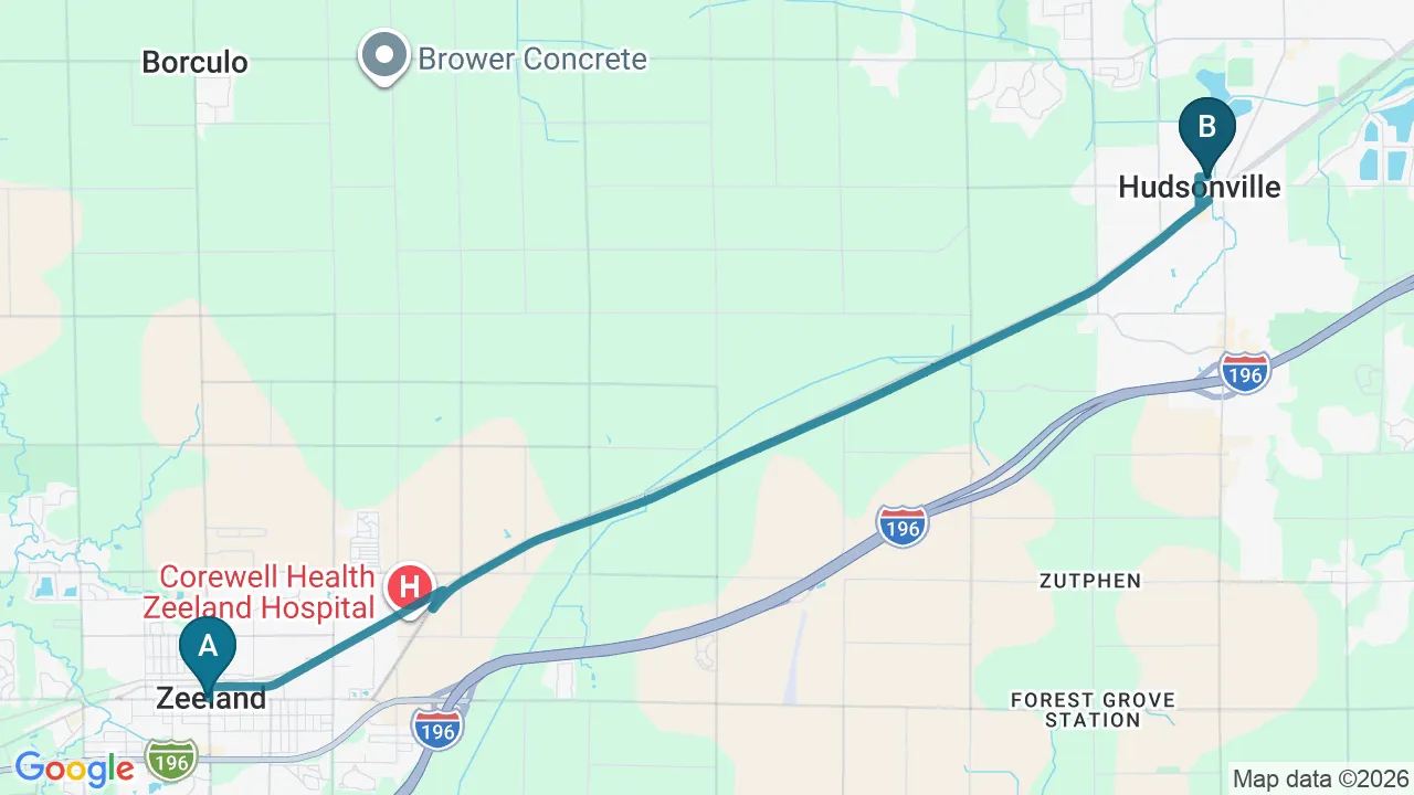 Driving directions map from Zeeland, MI to Towson Integrative Health in Towson